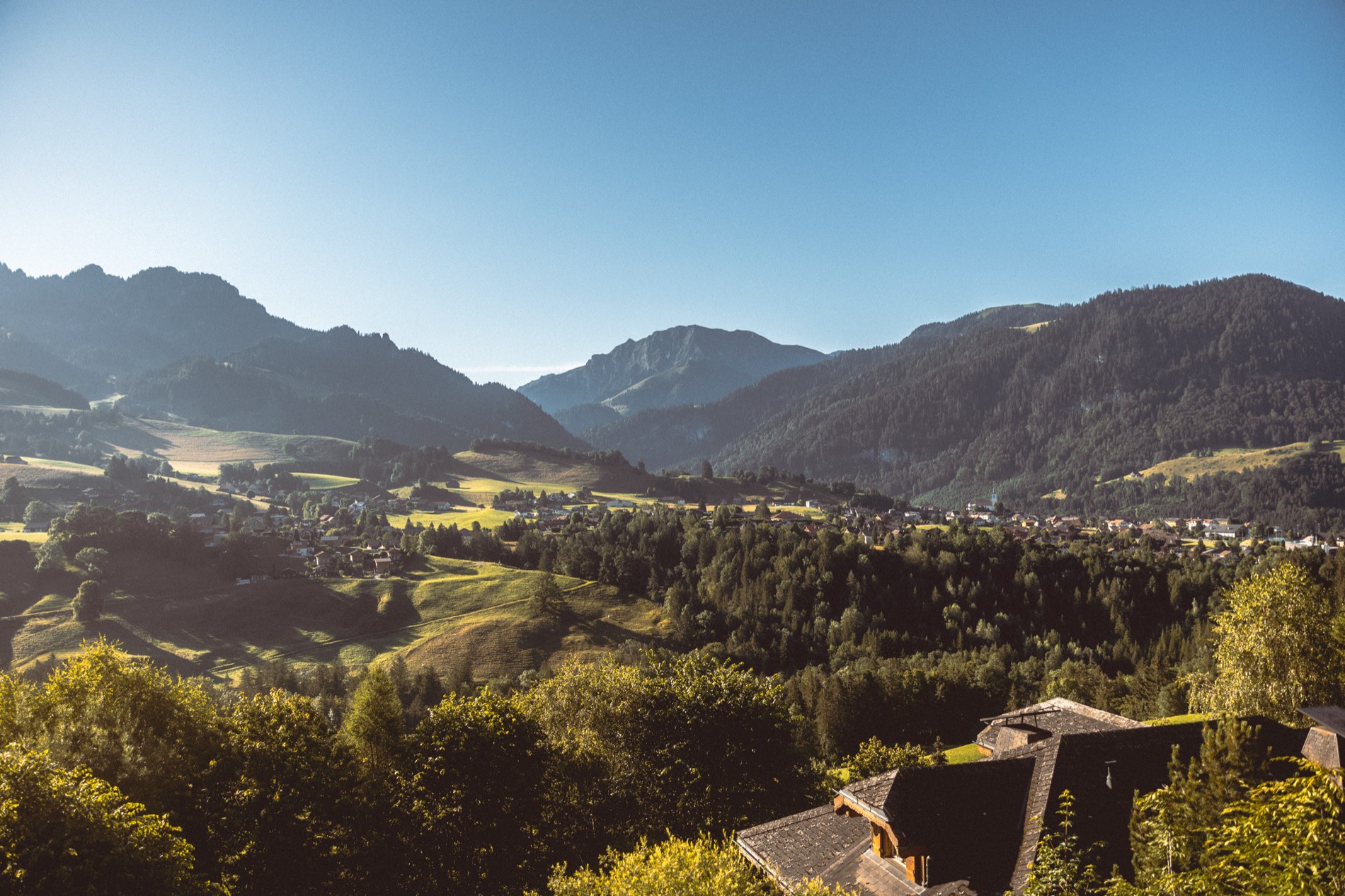 A clear summer morning over the valley from the chalet: forested slopes falling to the village below, the Gruyere pre-Alps across the green valley, and a chalet's dark slate roof among the trees in the foreground.